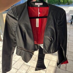 NWT Black Faux Leather Crop Jacket Red Lining Moto Convertible